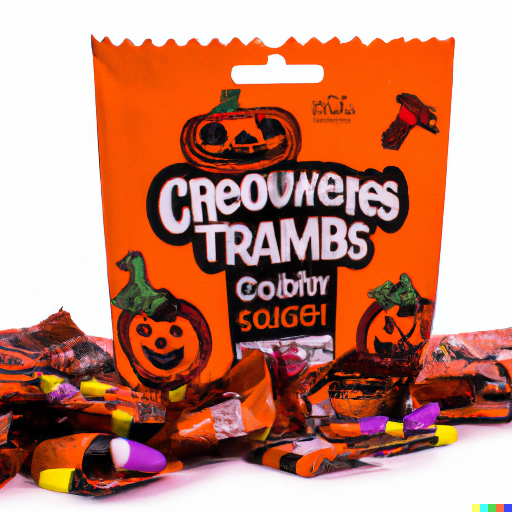 A bag of "creouneres trambs". Picture on the bag is three distorted pumpkins and a water pistol.