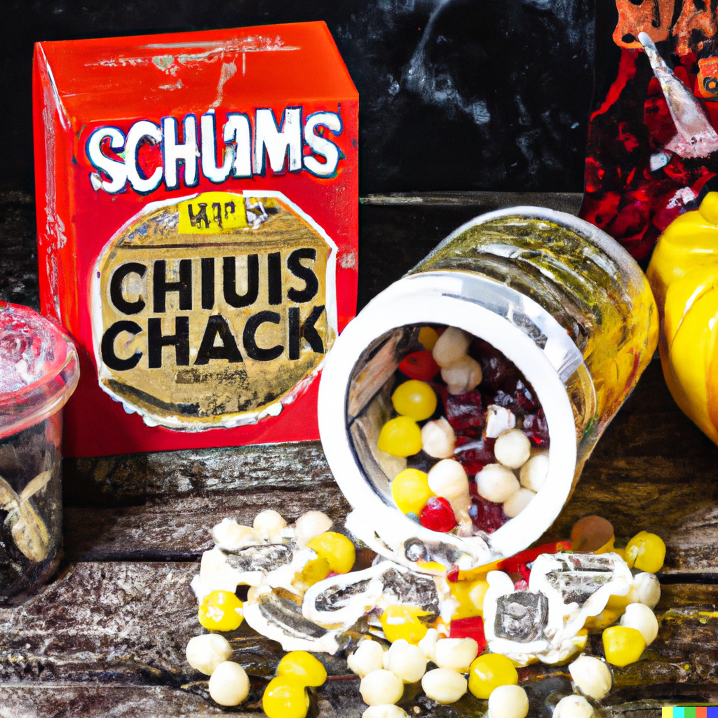 Old-timey looking lemon drops spilling out of a metal can that comes in a red box labeled "Schuams Chiuis Chack"