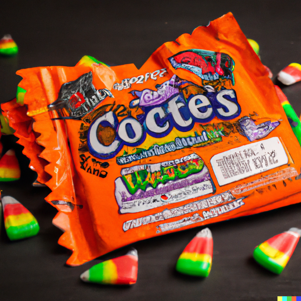 Red, yellow, and green candy corn scattered near an oange packet labeled "Coctes"