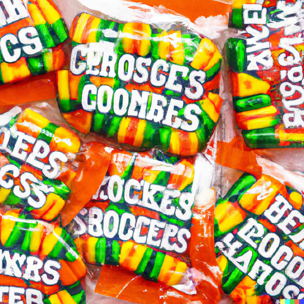 Striped yellow, green, and orange hard candies in a clear wrapper labeled "Cprosces Coombes"