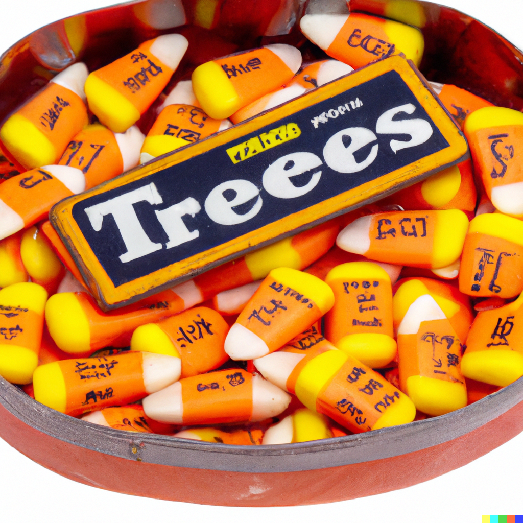 A bowl of candy corn labeled "Treees". Each candy corn has tiny illegible black writing on it.