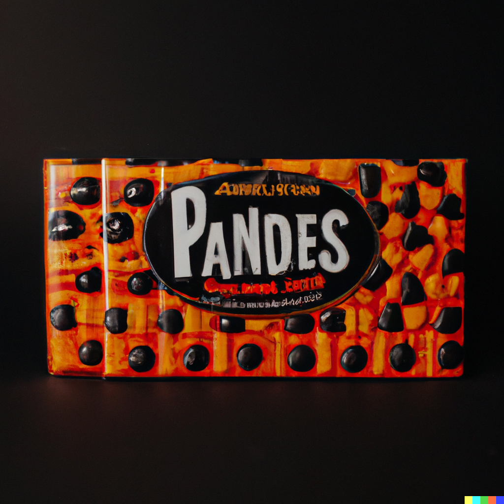 A red and orange package dotted with black eyes, labeled "Pandes"