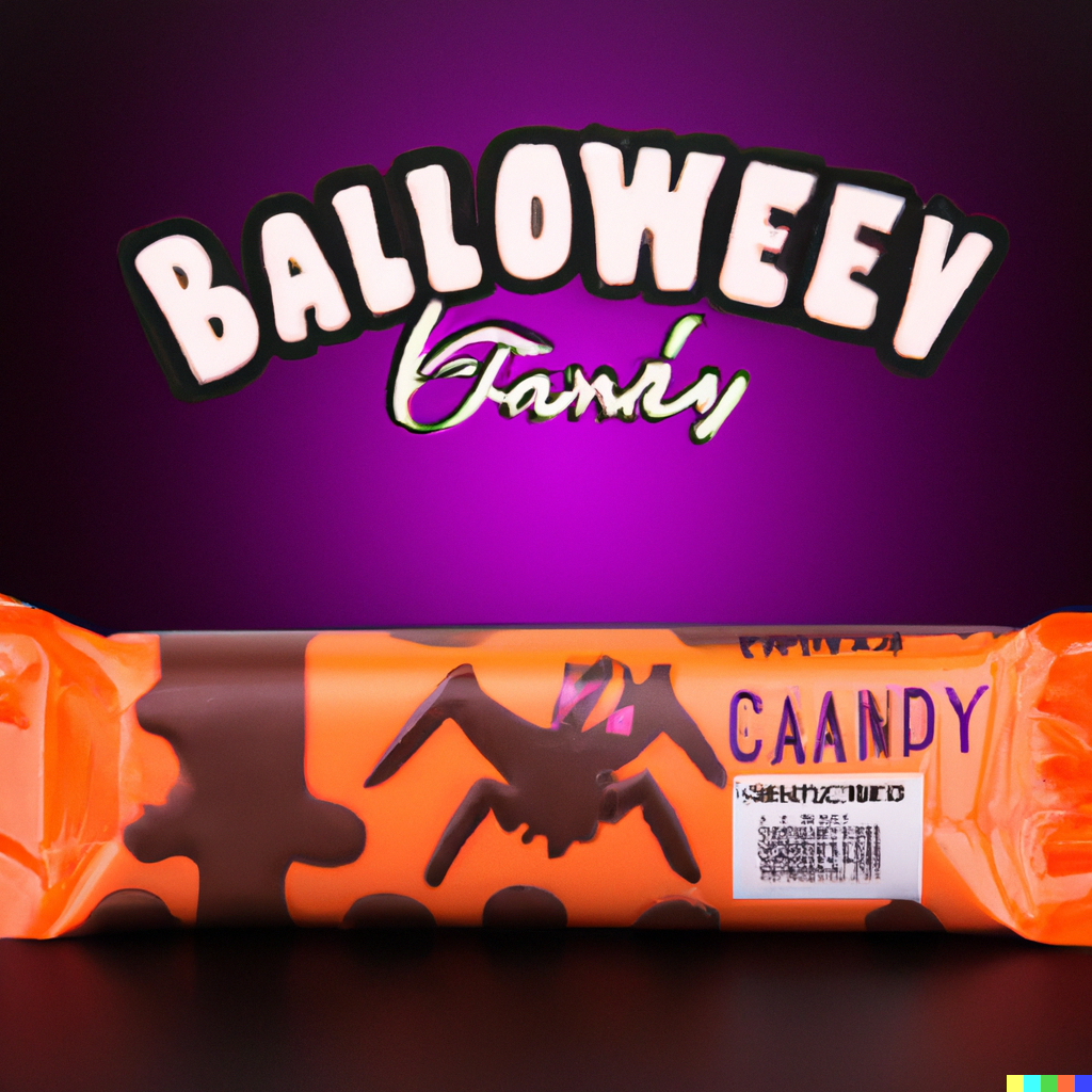 An orange bar with a spiderlike logo on it, labeled "Caandy". Writing above reads "Balloweev Faniy"