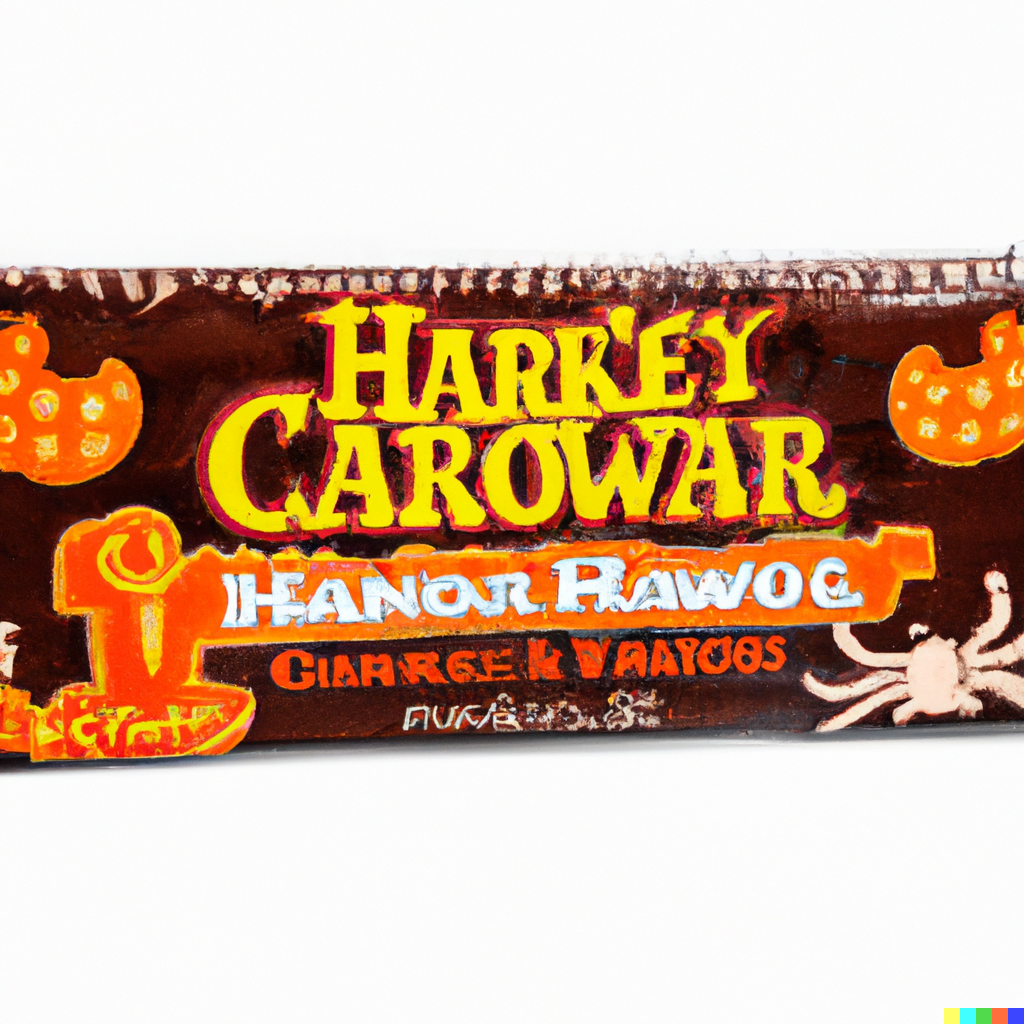 Rectangle with a vague spider and even vaguer pumpkins, labeled "Harr'ey Carowar"
