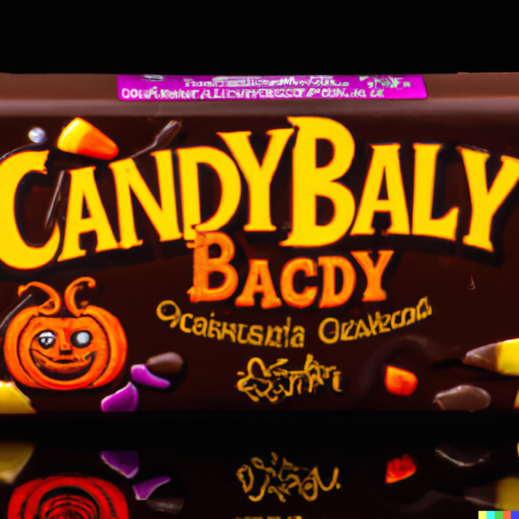 A box with candy corn and other brightly colored candy bits drawn on it, plus a stylized fairy pumpkin, labeled "Candy Baly Bacdy"
