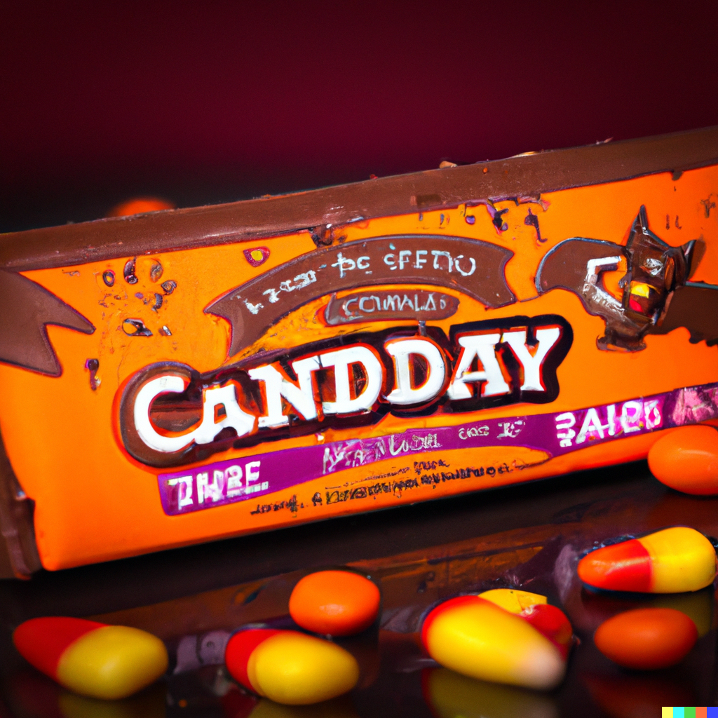 A bar with a chocolate bat on it, surrounded by scattered candy corn, labeled "Candday"