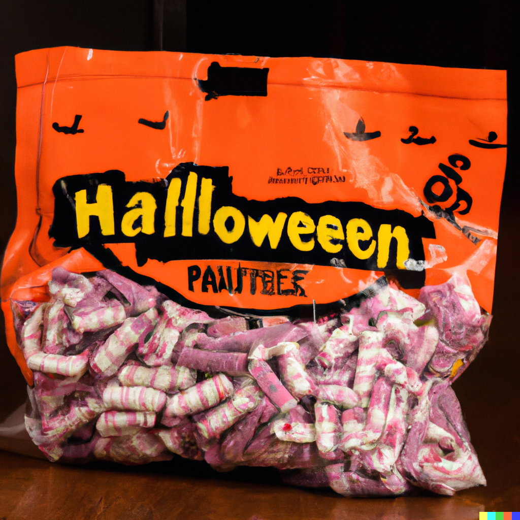 A bag of purple and white striped cylinders, labeled "Hallloweeen"