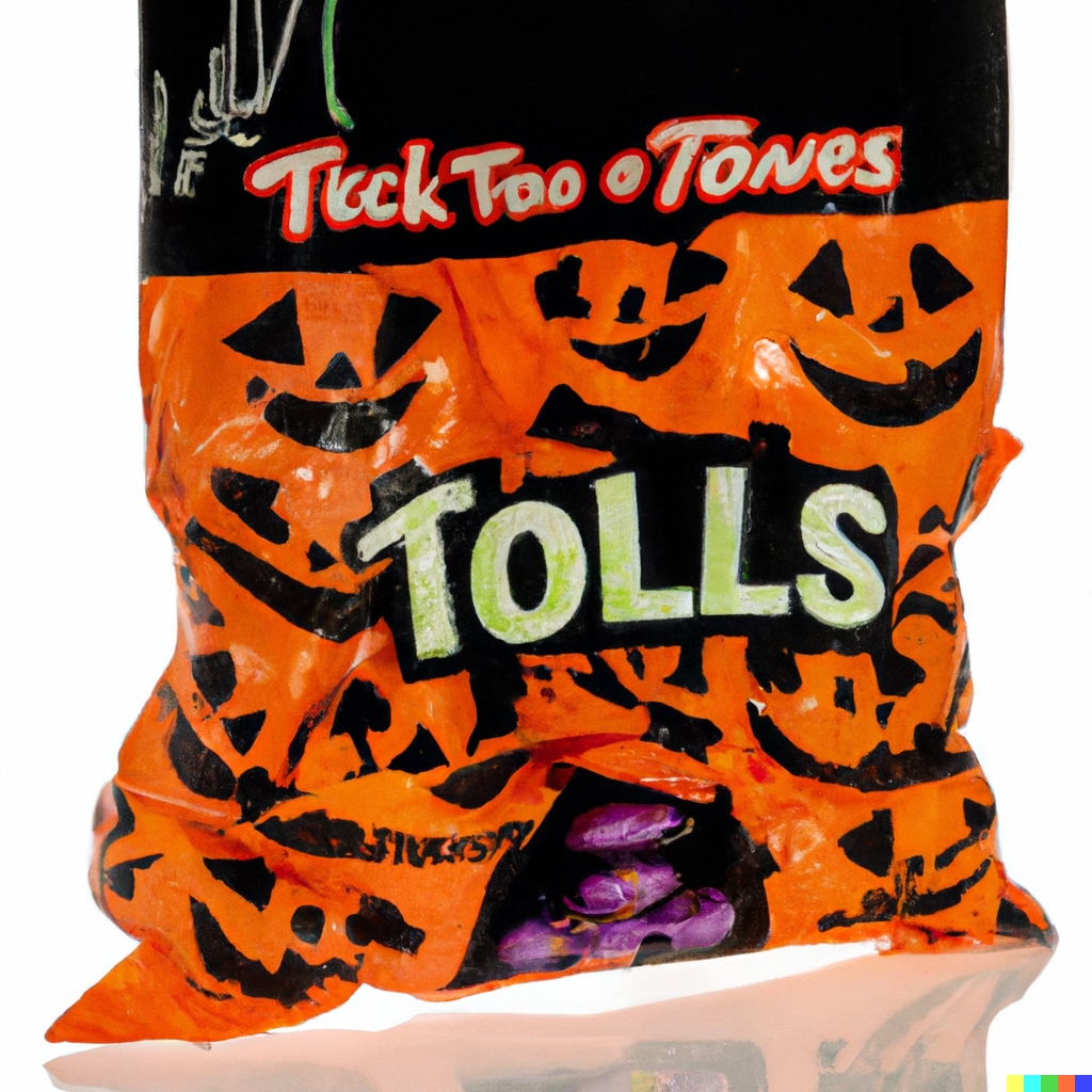 A bag covered in pumpkins and a few purple candy pieces, labeled "Tick Too o Tones Tolls"