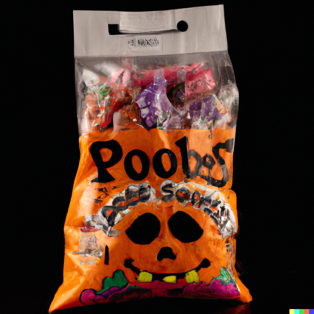 A bag with a goofy-looking pumpkin on it, containing vague colorful wrapped candies, labeled "Poobos"