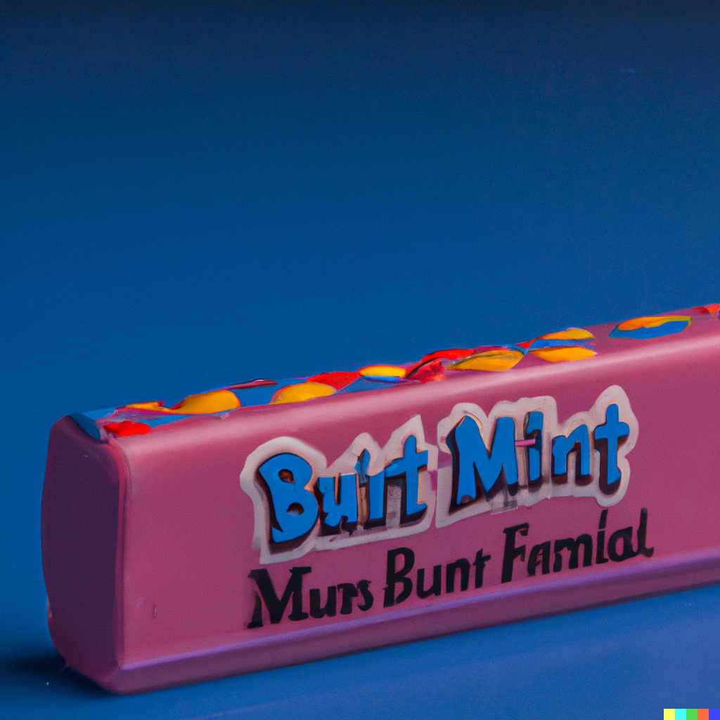 A purple bar decorated with orange and red and blue checks, labeled "Buit Mint Murs Bunt Famial"