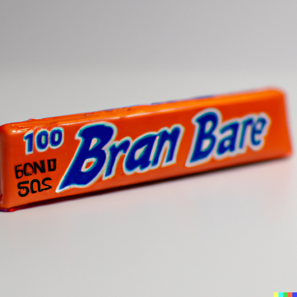 An orange bar with blue writing on it reading "100 Bran Bare"