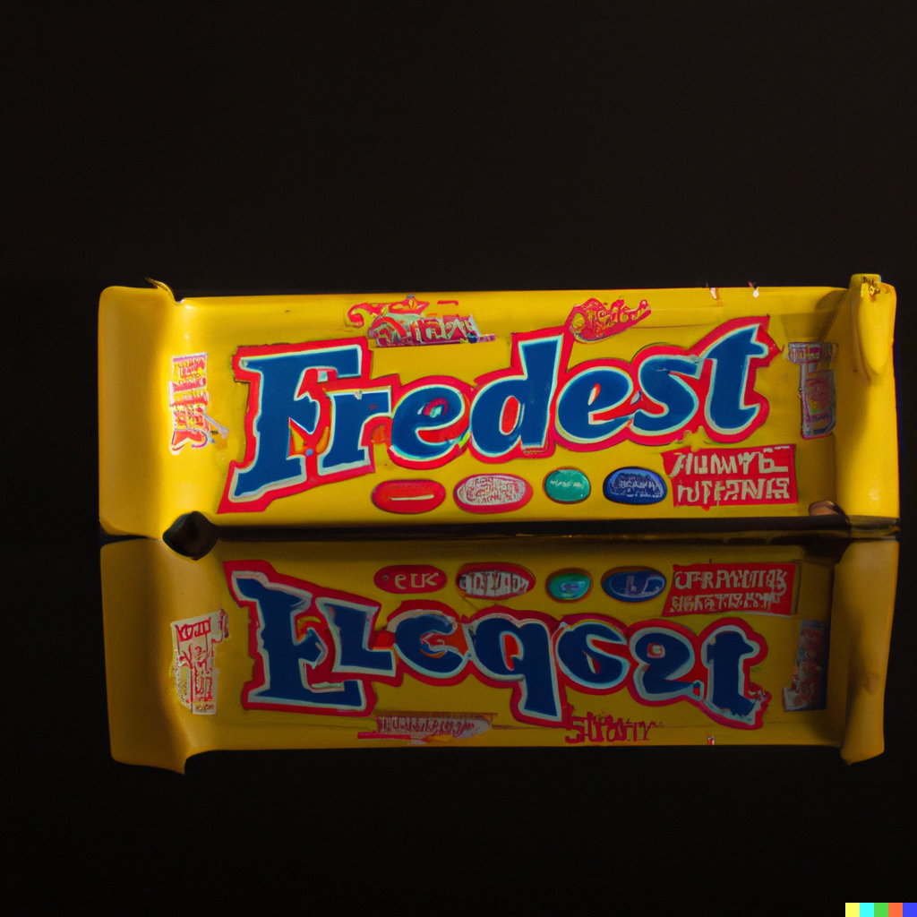 A yellow bar with jelly beans pictured on it, reading "Fredest"