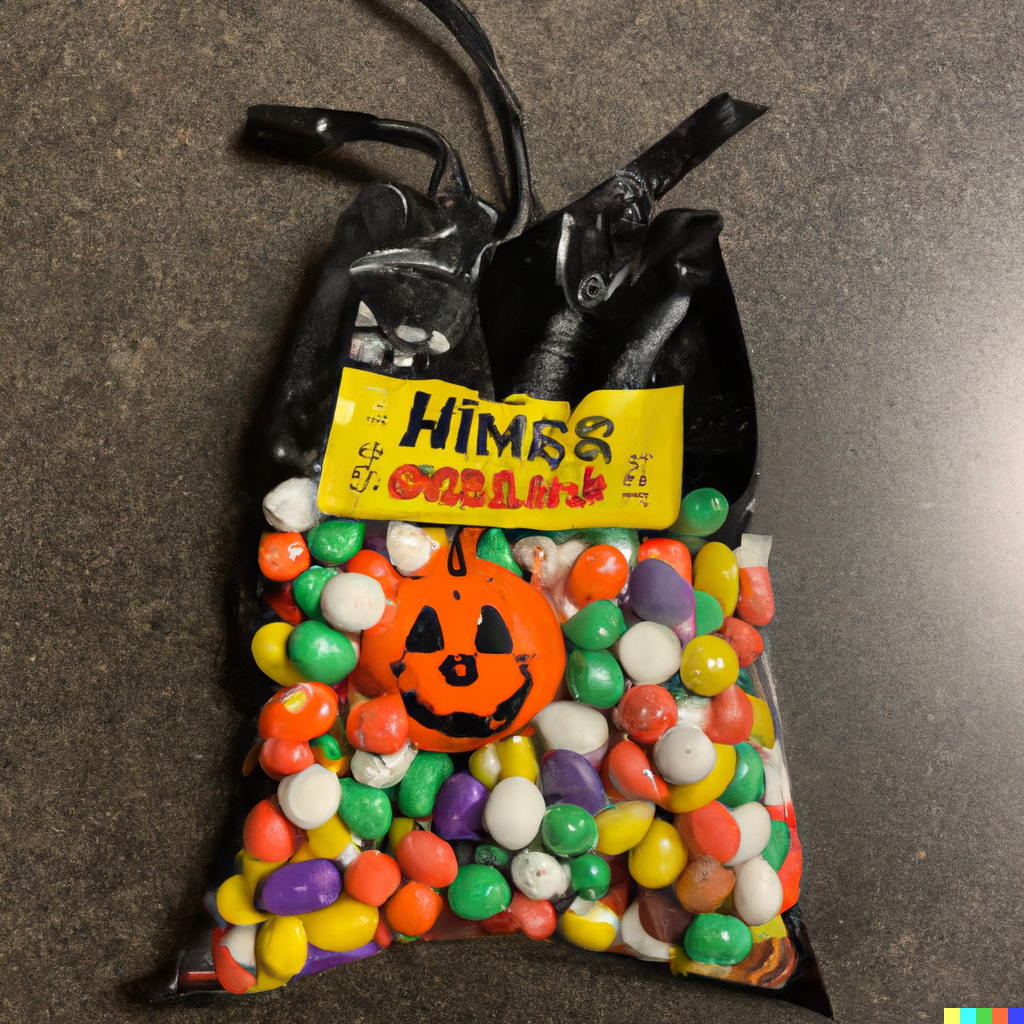 A black leather bag with a clear window showing colorful round candies and a single jack-o-lantern. Label reads "Himss"