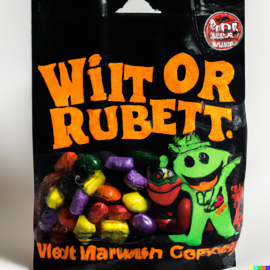 Black package with a clear window showing colorful candies and a green cartoon froglike character. Label says "Wilt Or Rubett"