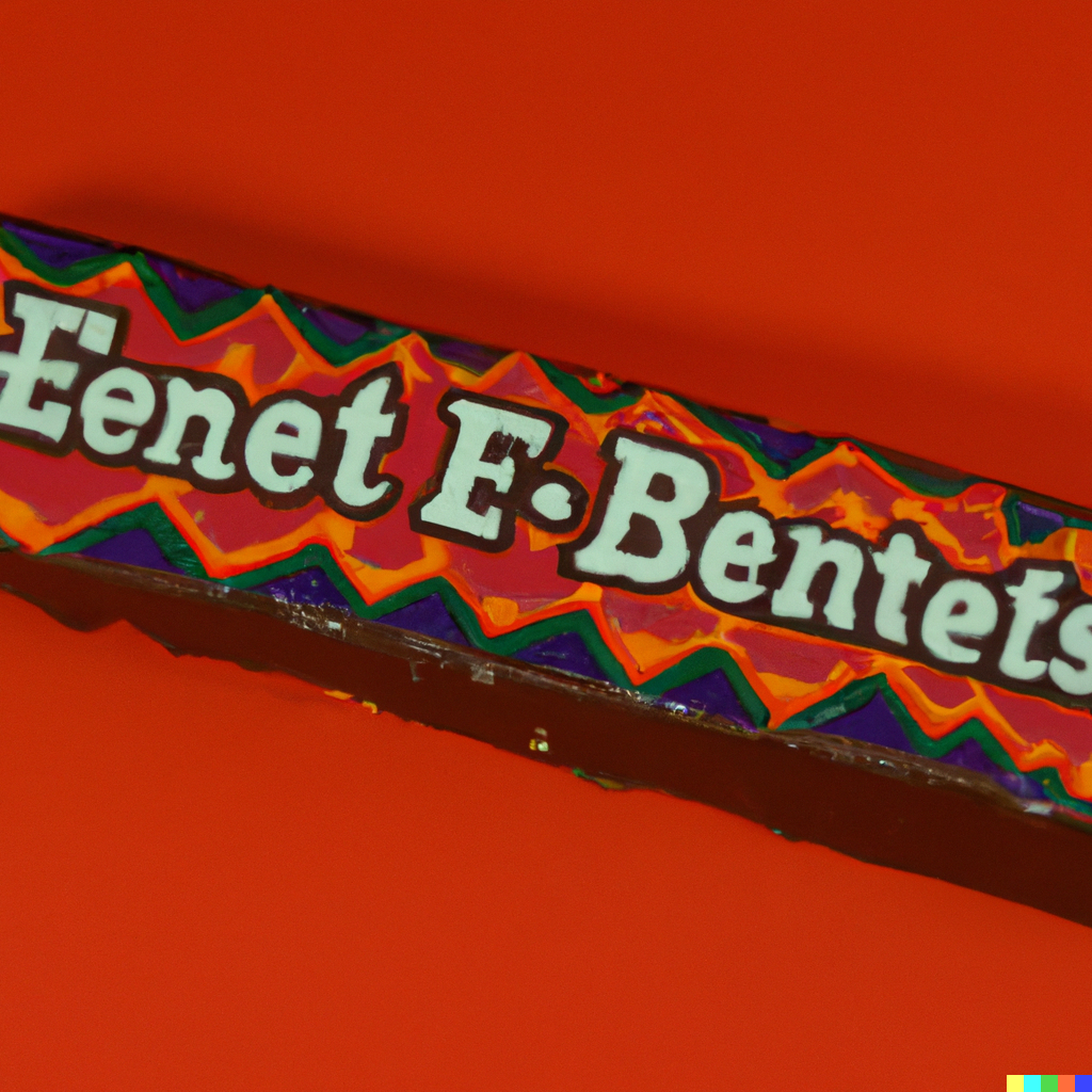 Melting bar with green and blue triangles on red, reading "Enet F. Bentets"