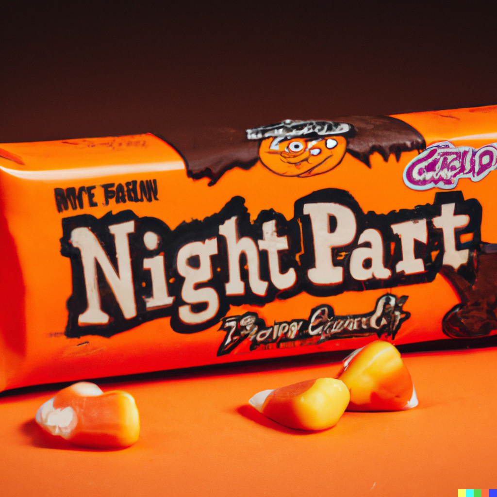 Orange bar surrounded by candy corn. Bar has a chocolate jack-o-lantern bat on it and reads "Night part"