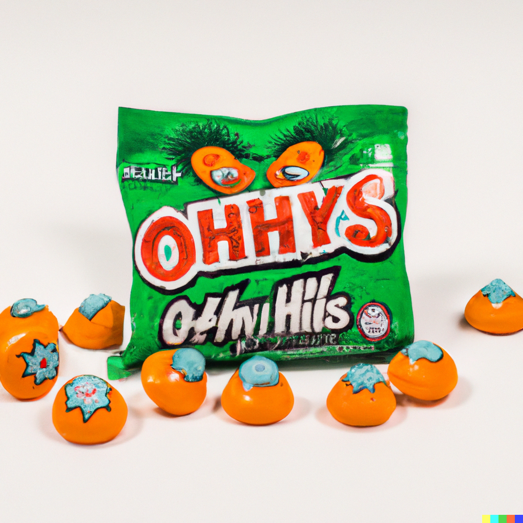 Green package with hairy eyeballs on it, labeled "Ohhys". Scattered nearby are rounded orange pyramids with ice-blue star patterns on their tips.