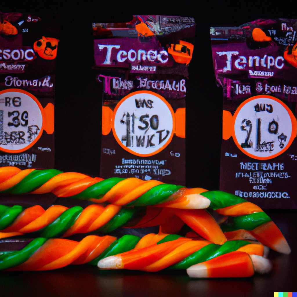 Very long braided green and orange candy corn. Cartons in the back read "Tconec"