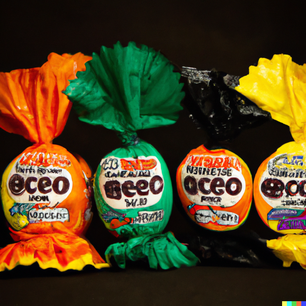 Wax paper wrapped round balls, labeled "Oceo" and "Beeo"