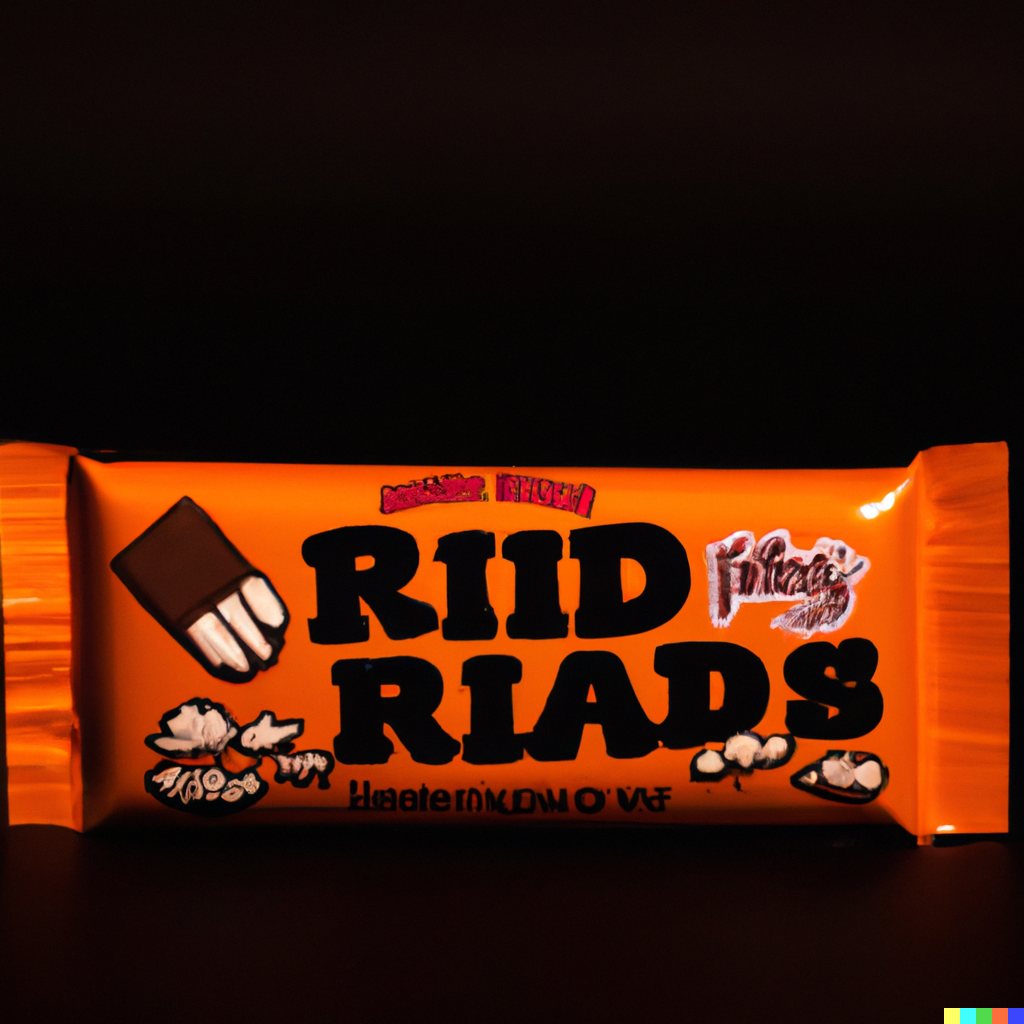 Orange bar with toffee and chocolate colored pieces pictured on it, labeled "Riid Riads"