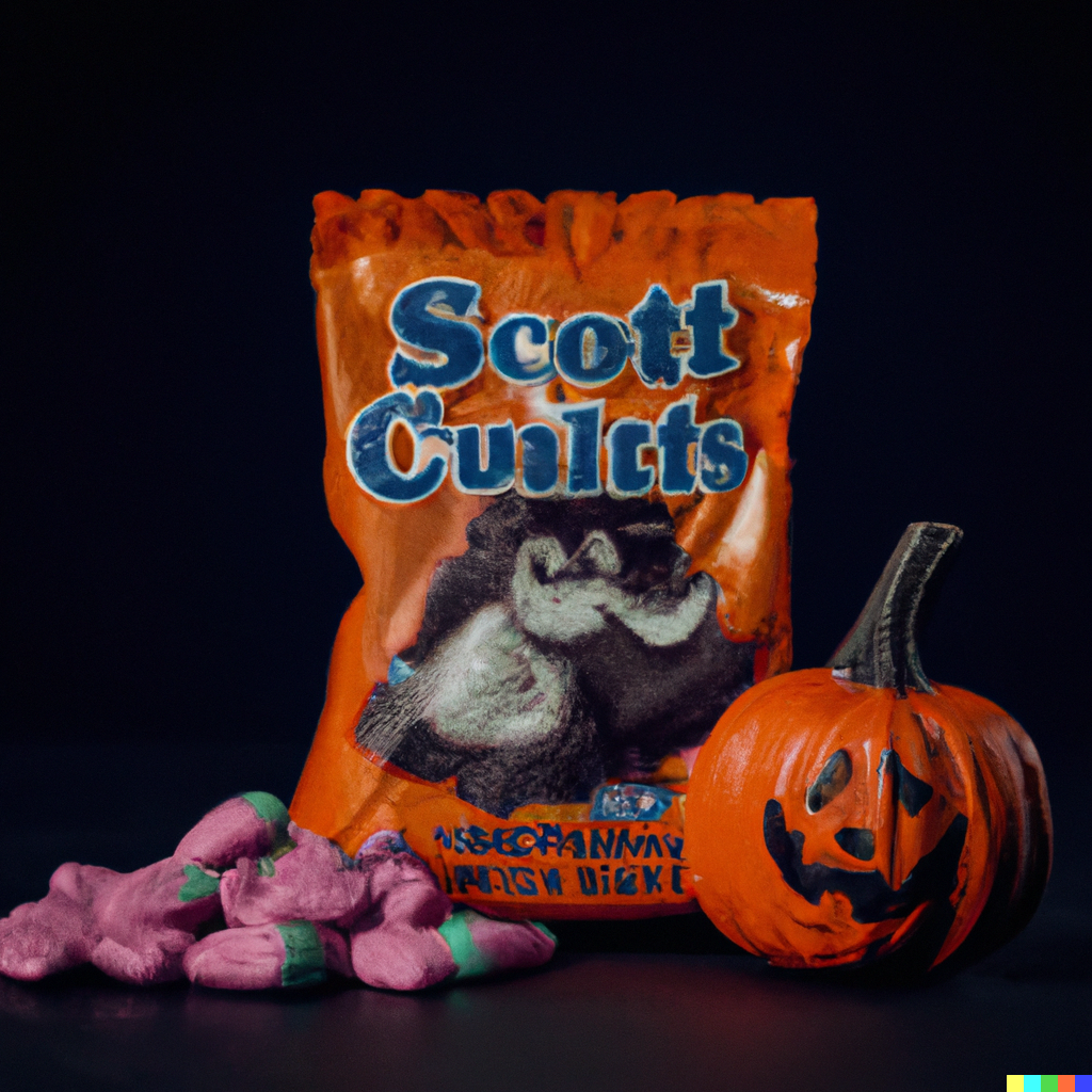 An orange package with an unidentifiable brown and white pile on it, labeled "Scott Cualcts". Nearby are a painted jack-o-lantern and purple and green candy corn.