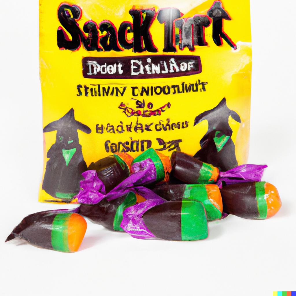 Yellow package with witch profiles on it, labeled "Saack Tart". In the foreground are black, orange, and green candy corn.