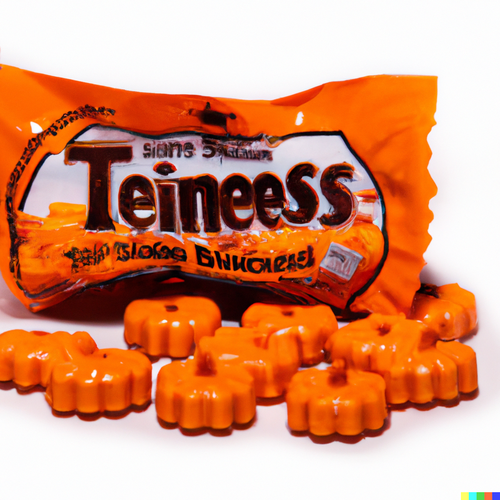 Orange package with shiny orange candy pumpkins scattered around it. Package reads "Teineess"