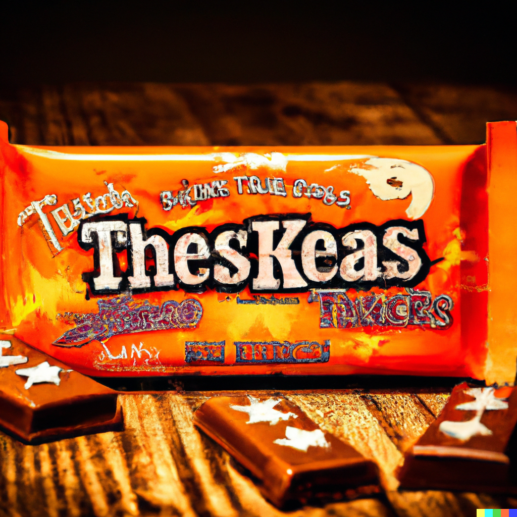 Flat and wide orange bar labeled "Theskeas". In the foreground are chocolate bars with two white stars on each.