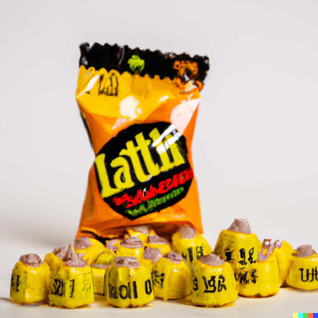 Bag labeled "Latth", surrounded by yellow candy pumpkins with pink-grey stems and illegible black writing on them.
