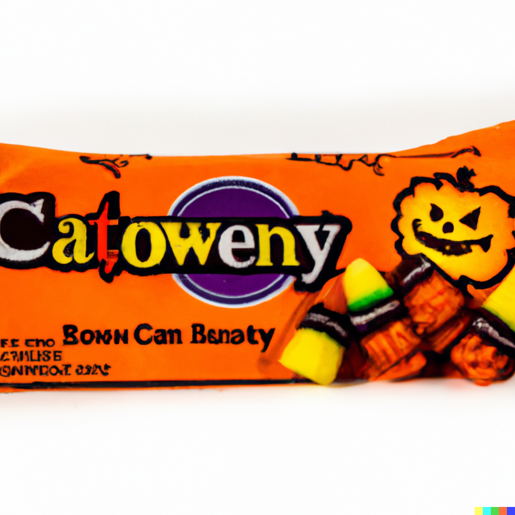 Package labeled "Catoweny", showing yellow, green, white, black, and orange candy corn and a cartoon jack-o-lantern.