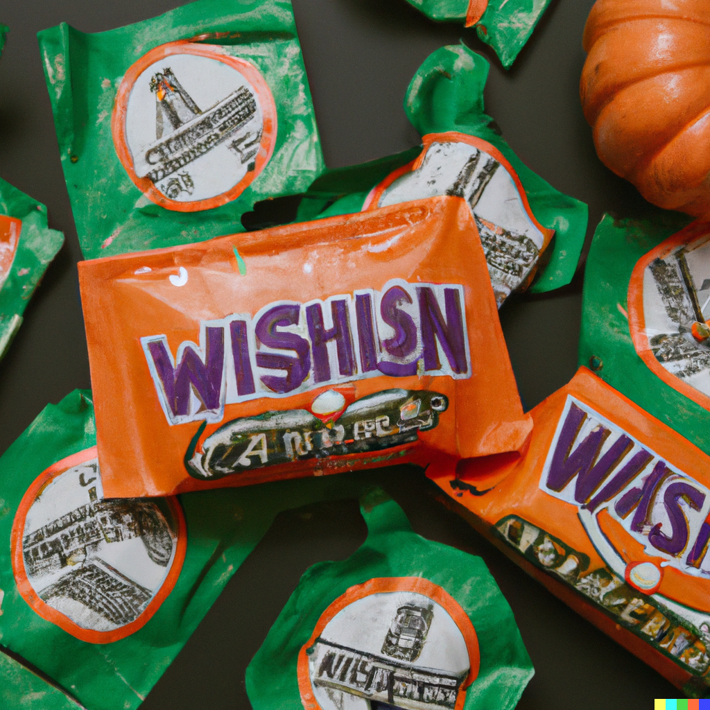 Orange packets labeled "Wishisn" surrounded by flatter green, orange, and white packets with architectural sketches on them.