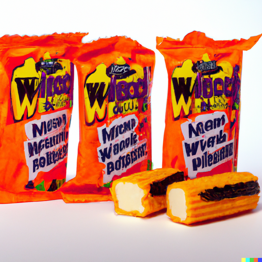 Three tall packages labeled "Wibocl", with black and orange twinkies next to them.
