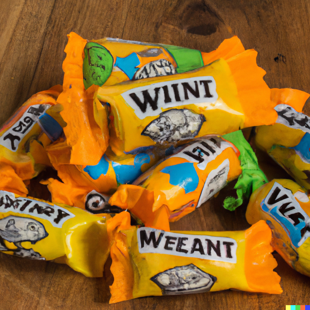 Packages labeled "Wiint" and "Weeant", showing unidentifiable black and white charcoal smudged white lumps
