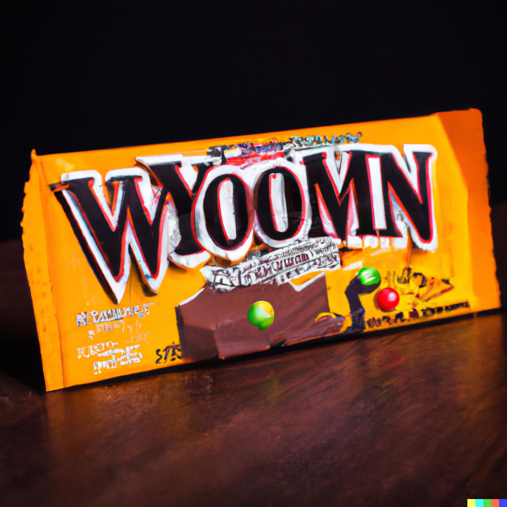 A thin bar labeled "Wyoomn" with a chocolate candy robot pictured on it.