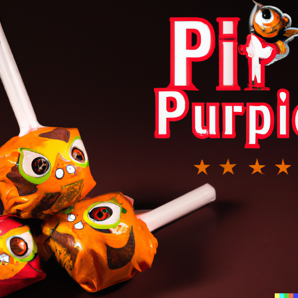 Lollipops with big eyeballed animal faces on them, and a label nearby reading "Pit Purpi"