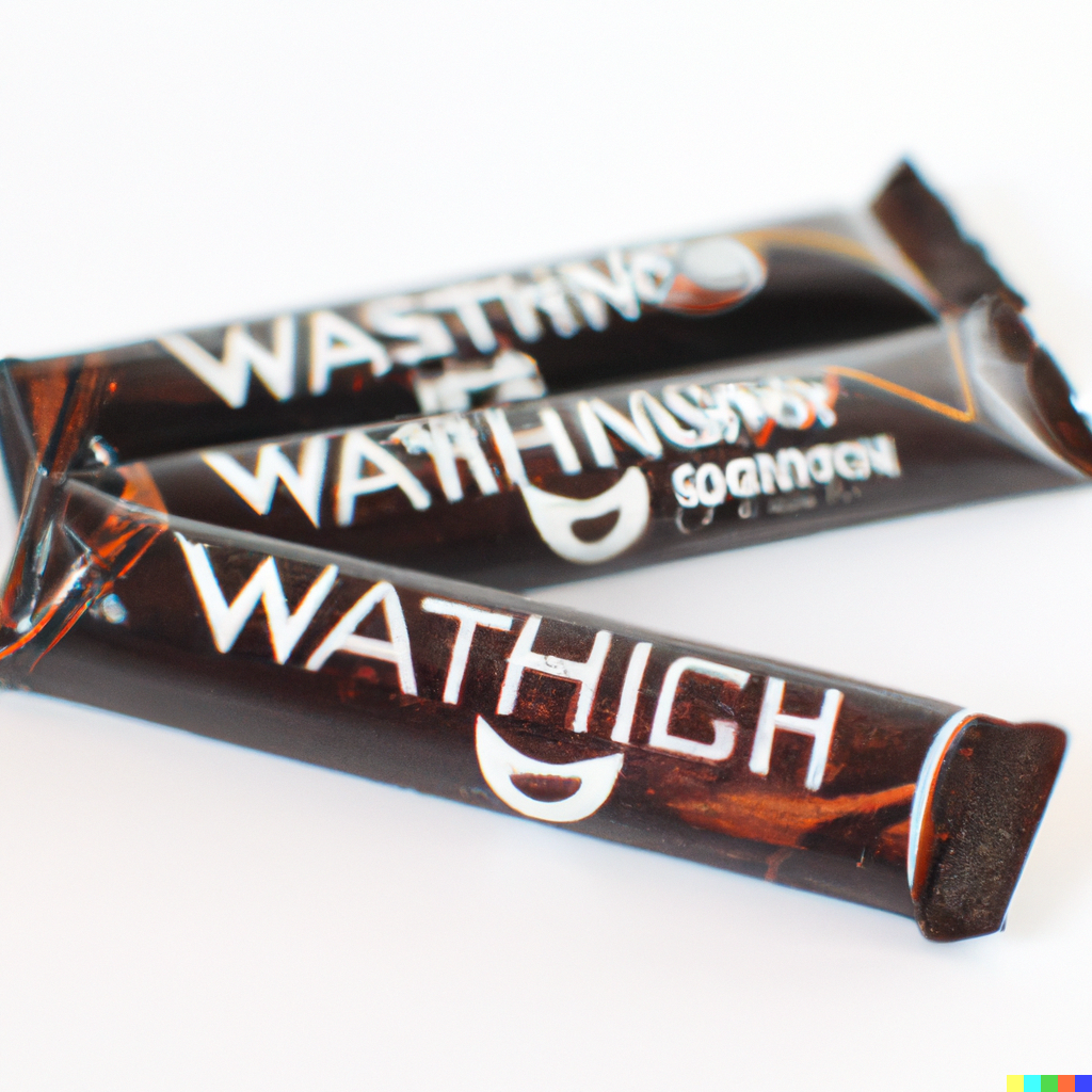 Three thin dark brown candy bars labeled "Wathigh" and "Wasthno" with banana or smile logos on them.