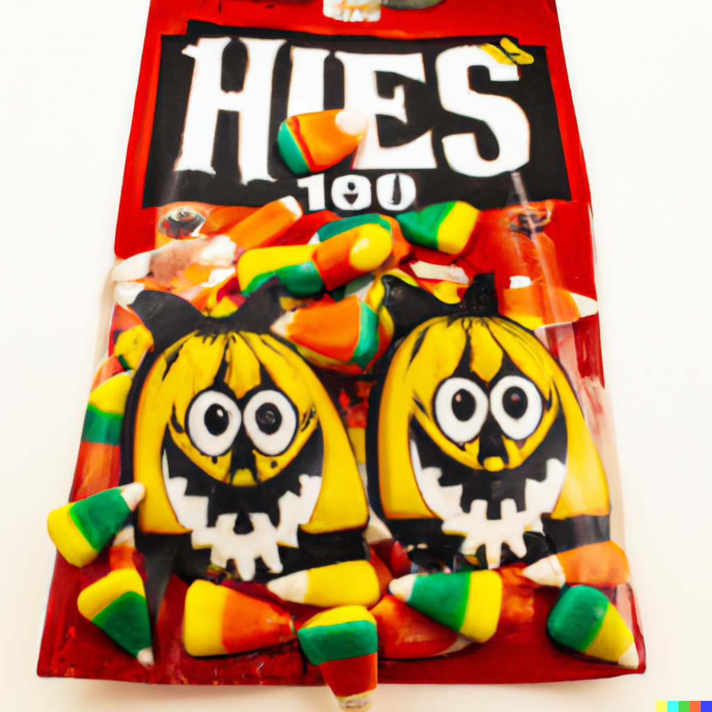 bag covered in candy corn and two smaller pumpkin bags with horrible overflowing smiles, staring eyes, and black bows.