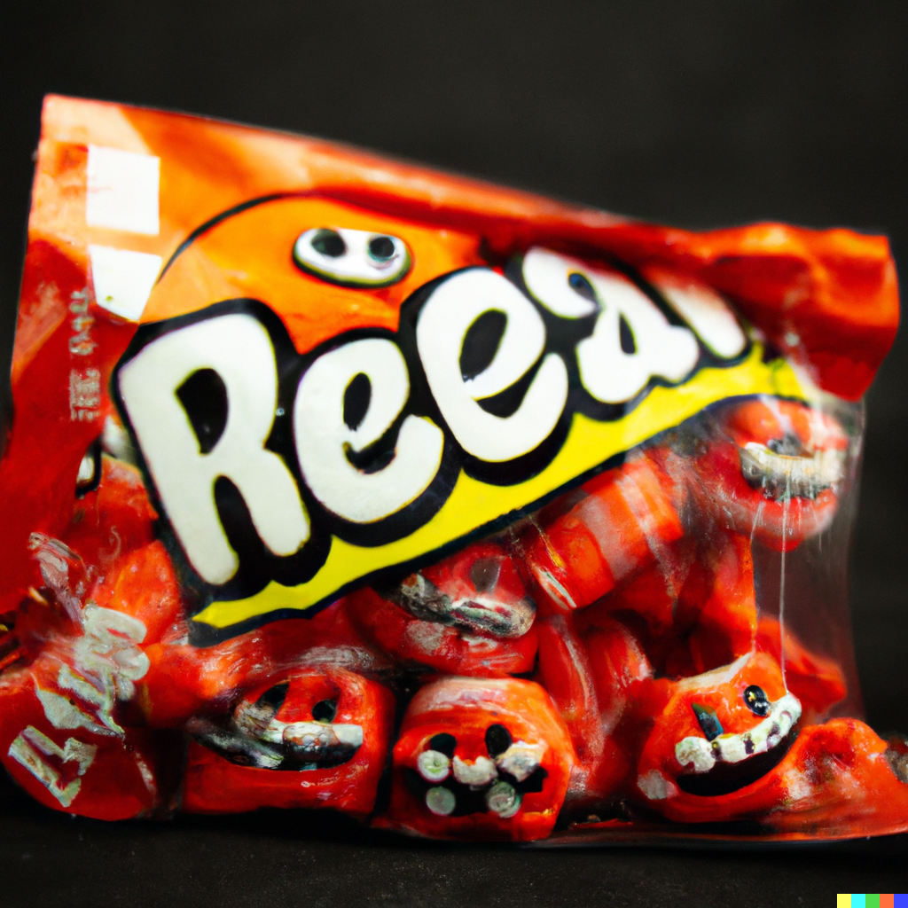 close-up of a bag of tiny red smiling pumpkins with their teeth on their upper lip. Bag reads "Reear"