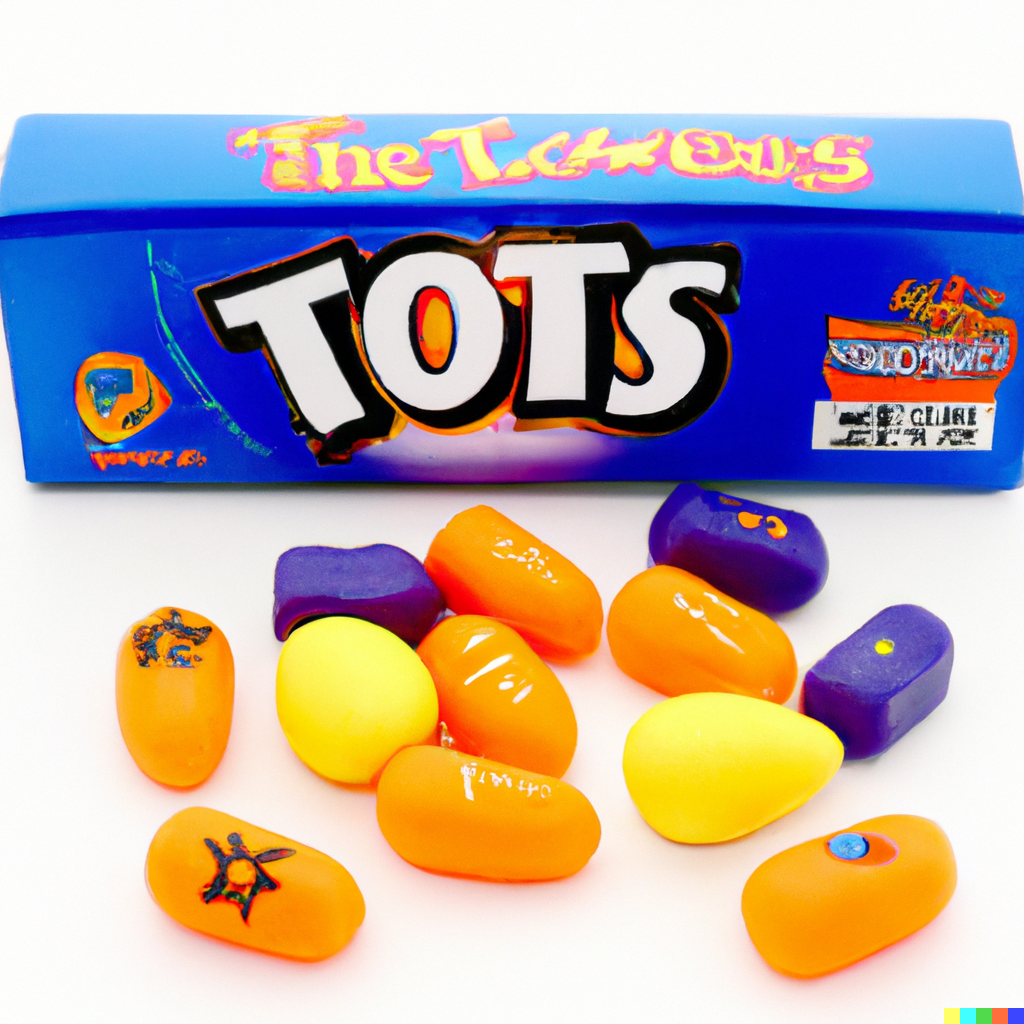 A blue box reading "TOTS". In the foreground are pill-shaped, egg-shaped, and rectangular candies in orange, blue, and yellow, some with dots or faint white markings.