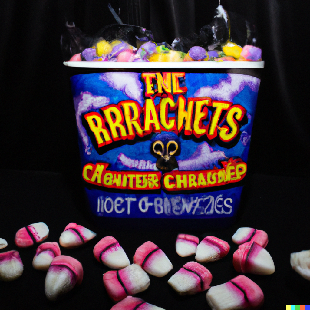 Blue bucket filled with assorted smoking candies and reading "TNC Rrrachets". Scattered in the foreground are pink and white candy corn that look a lot more like canine teeth than usual.