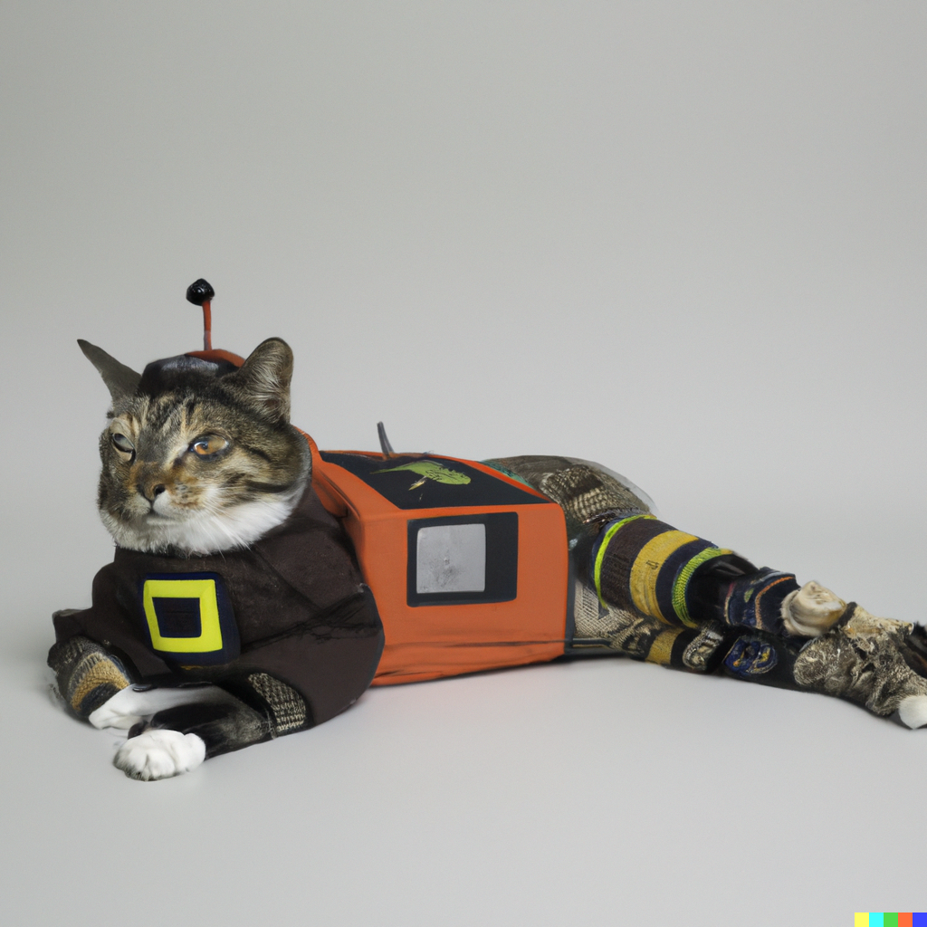 A cat lounging in a costume with a black t-shirt with a yellow square on it, a box-shaped fabric middle, and striped leggings. The cat is wearing a hat topped with a single small ball on a stick like a hilarious tiny antenna.