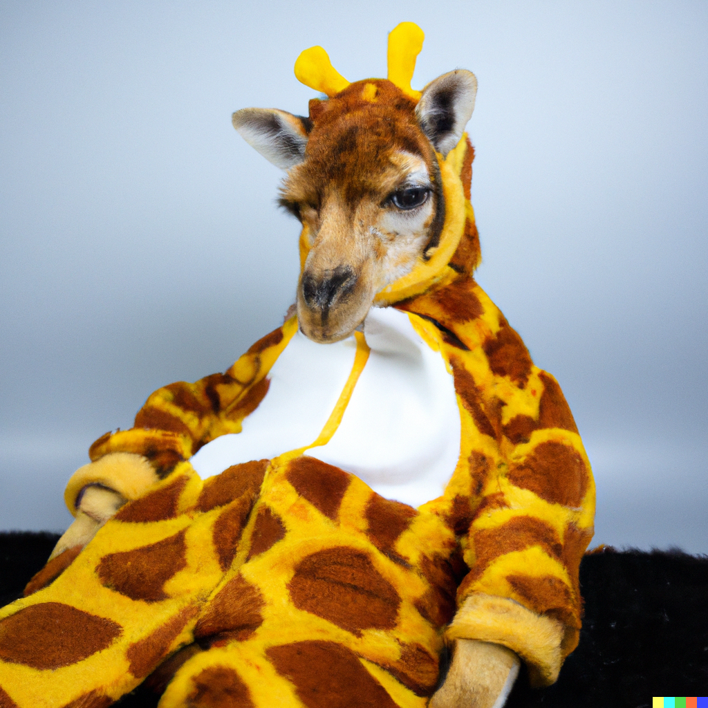 Slumped in a giraffe-patterned hoodie is an extremely short-necked giraffe.