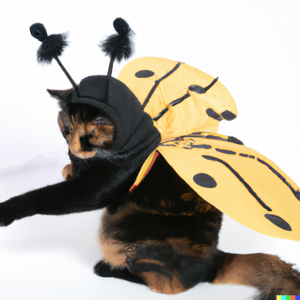 The cat is wearing a black hooded t-shirt with double pom-pom antennae on the hood. The cat has two wide yellow bee wings.