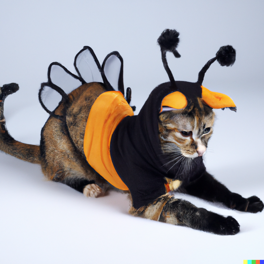 A cat in a hooded t-shirt. The hood has orange ears and black antennae with pom-poms on them. The hem of the tshirt is orange, and standing along the cat's spines are mesh plates like stegosaurus spines.