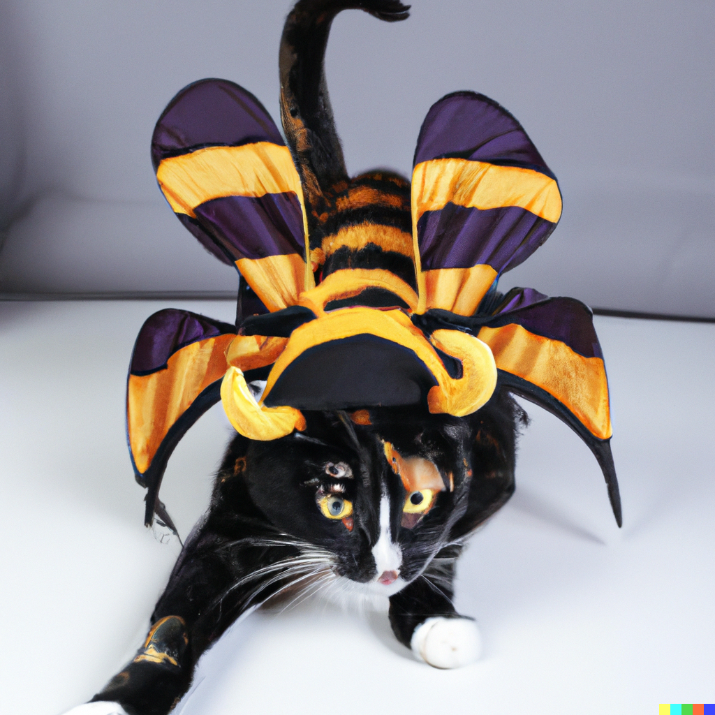 The cat is wearing a black and yellow striped t-shirt with a black and yellow hood with cow horns on it. The cat is also wearing striped double butterfly wings.
