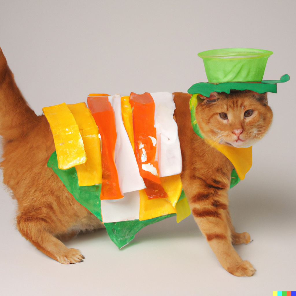 Orange cat wearing a green top hat. Draped over its back are shiny strips of yellow, orange, and white.