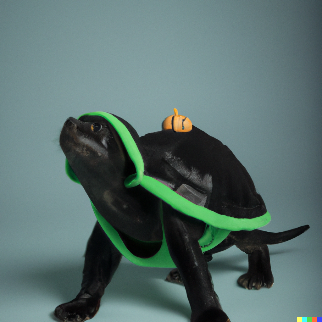 A black turtle with a green-lined fabric shell. It's a little velvety in texture and the tips of its feet are a bit pawlike, but otherwise it resembles a turtle more than a cat.