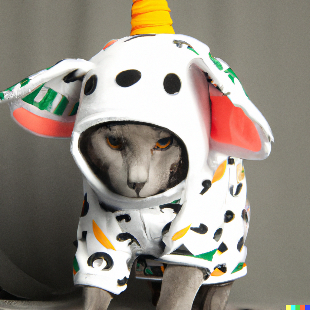 Cat's costume has floppy fabric ears and black, green, and yellow spots. Above the cat's own face is a cute button-nosed face and above that is a tall yellow unicorn horn. 