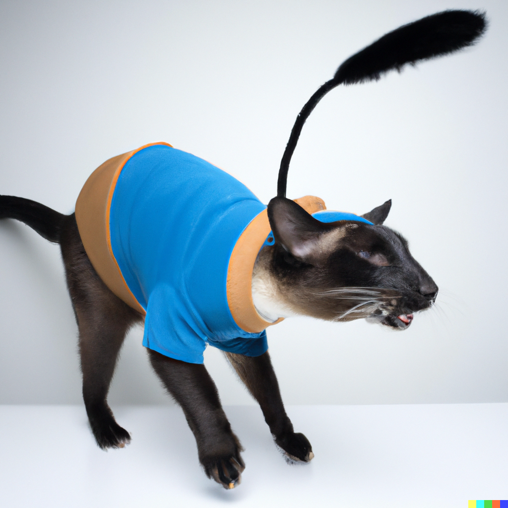Cat wearing a tight blue and gold shirt like a starfleet uniform. It has an enormous dongle thing above its head, like a quail's head feathers.