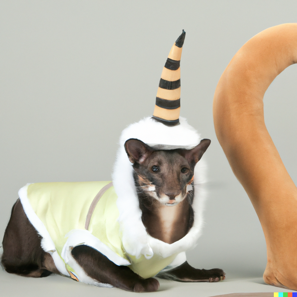 A weasel or fisher cat in a satin shirt with a fluffy white hood, topped with a black and orange striped horn.